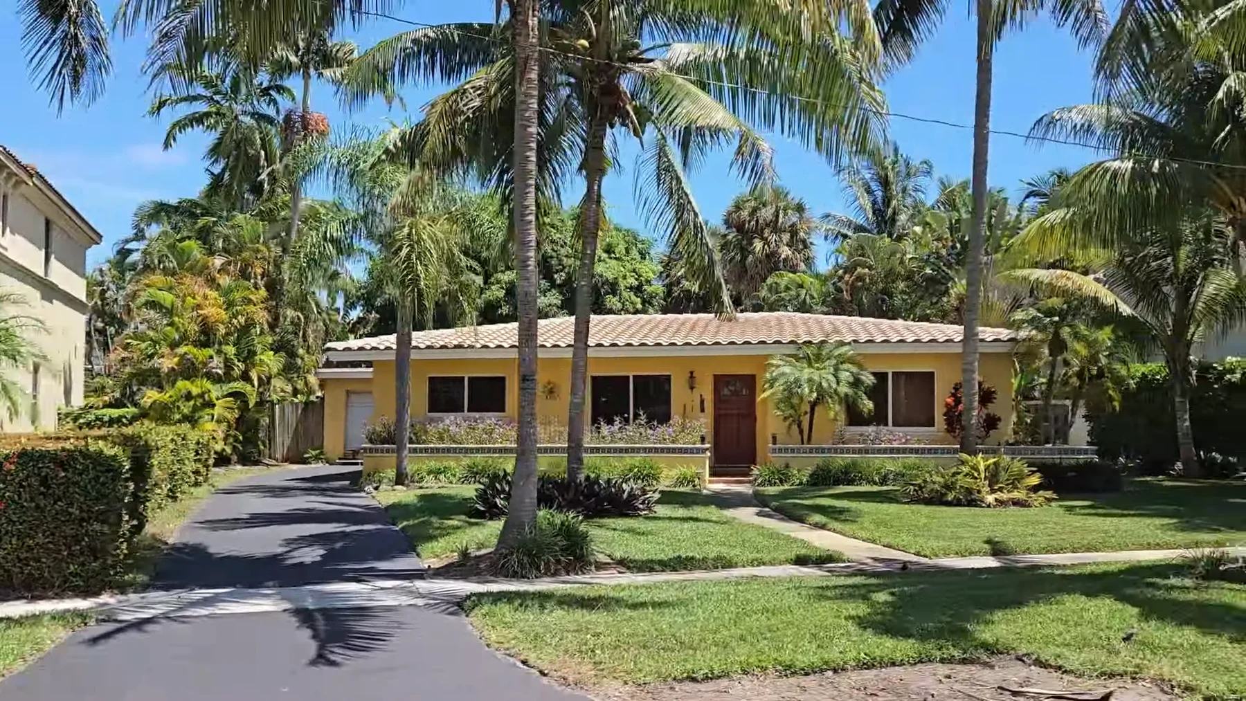 Tropical Palm Beach County home framed by palms